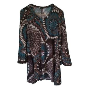WIN WIN Turquoise & Brown Womens Small Long Top ¾ Flair Sleeves pullover